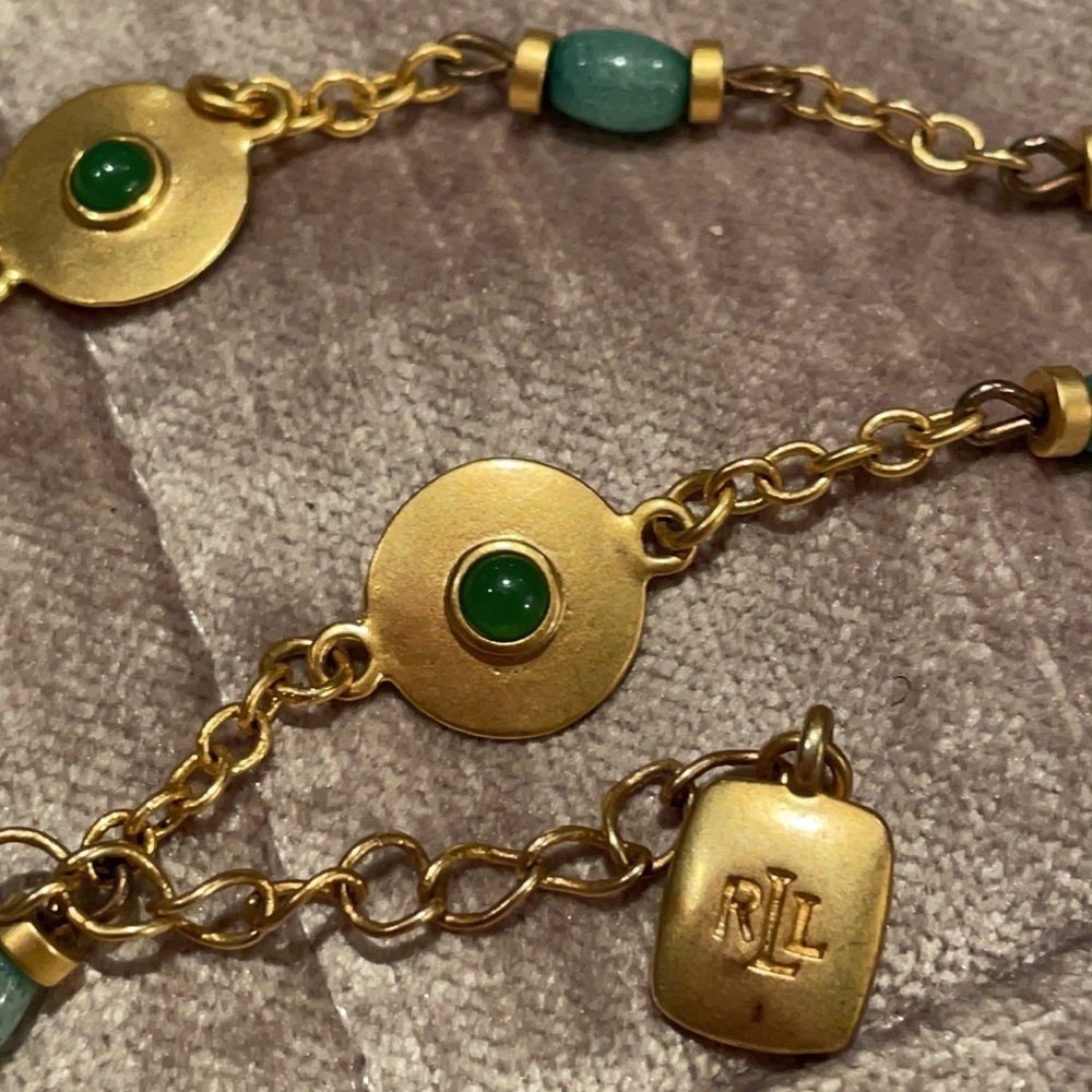 Ralph Lauren Semi Precious Green Jade Disc Necklace and Earrings Set